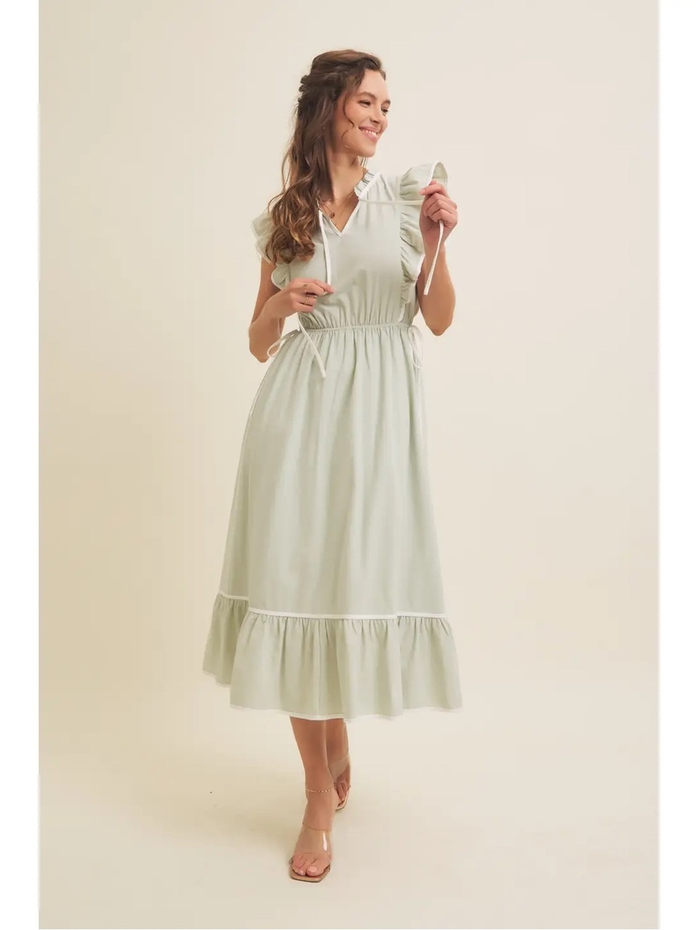 Sleeveless Ruffle Midi Dress in Soft Sage - Picture 4 of 6
